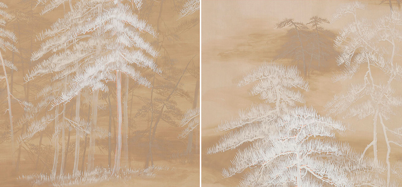 Обои ручная роспись Abstract Pines Original colourway on Stone Ochre dyed silk - Loft-Concept в Грозном