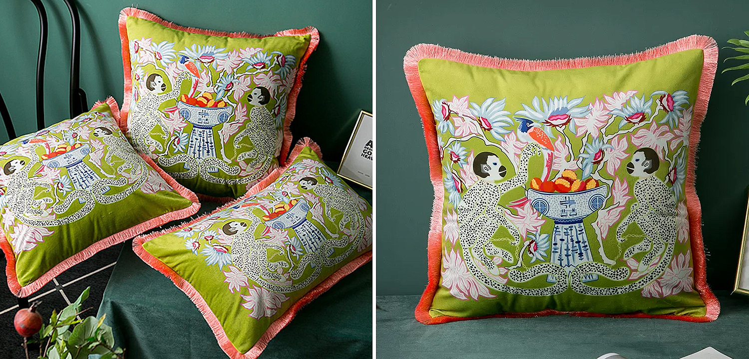 Декоративная подушка Two Monkeys Green Cushion Декоративная подушка Two Monkeys Green Cushion - Loft-Concept в Грозном