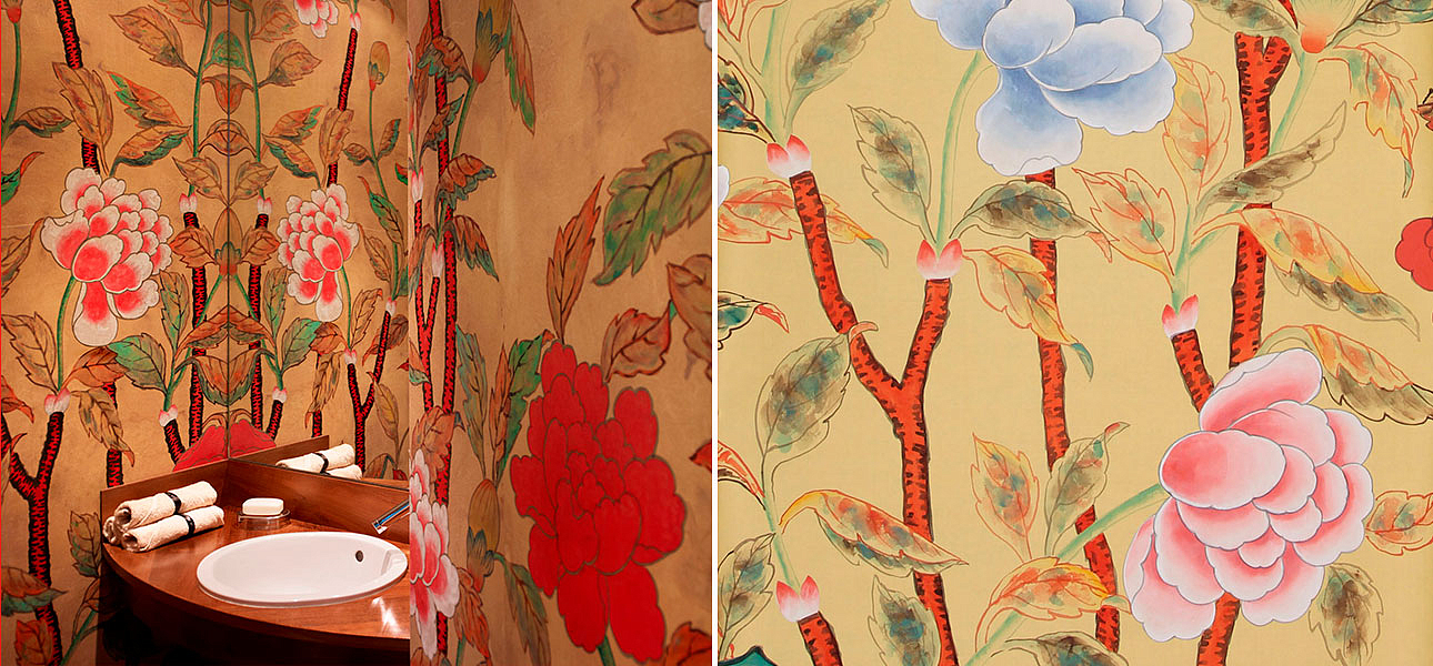 Обои ручная роспись Korean Peony Original colourway on Sienna Earth dyed silk Обои ручная роспись Korean Peony Original colourway on Sienna Earth dyed silk - Loft-Concept в Грозном
