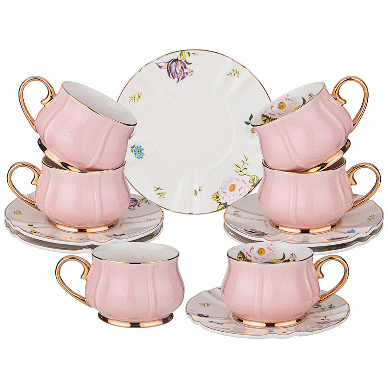 Чайный набор из фарфора на 6 персон 12 предметов Tea Porcelain Set Белый Золотой Розовый Чайный набор из фарфора на 6 персон 12 предметов Tea Porcelain Set Белый Золотой Розовый в Грозном | Loft Concept