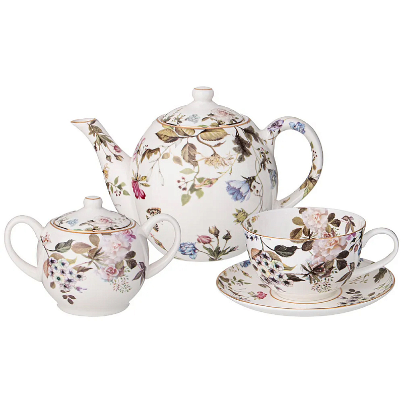 Чайный сервиз из фарфора белый с рисунком цветов на 6 персон 14 предметов Garden Whisper Porcelain Set Белый Мульти Чайный сервиз из фарфора белый с рисунком цветов на 6 персон 14 предметов Garden Whisper Porcelain Set Белый Мульти в Грозном | Loft Concept