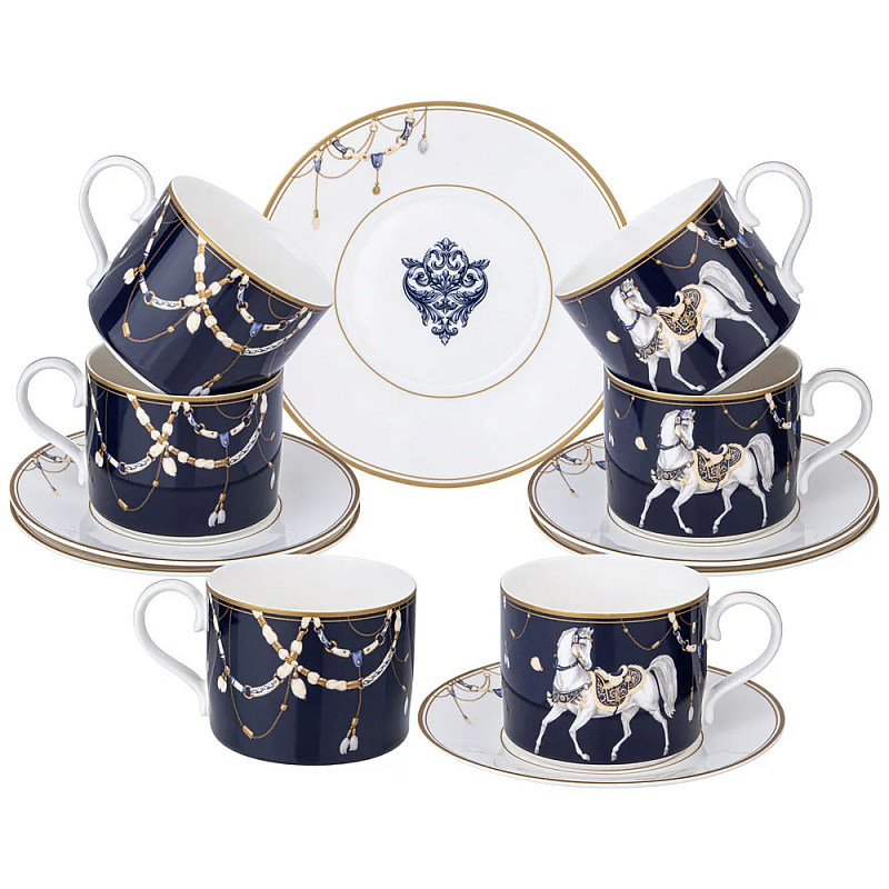 Чайный набор из фарфора с изображением лошадей на 6 персон 12 предметов Porcelain Horse Set Белый Синий Чайный набор из фарфора с изображением лошадей на 6 персон 12 предметов Porcelain Horse Set Белый Синий в Грозном | Loft Concept