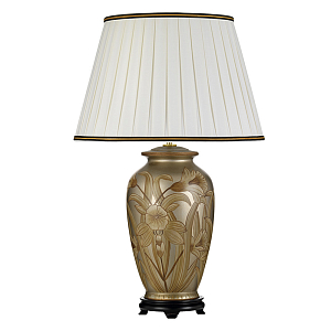 Настольная лампа восточная с основанием из керамики серебряная с цветочным и лиственным декором и белым плиссированным абажуром Elstead Lighting