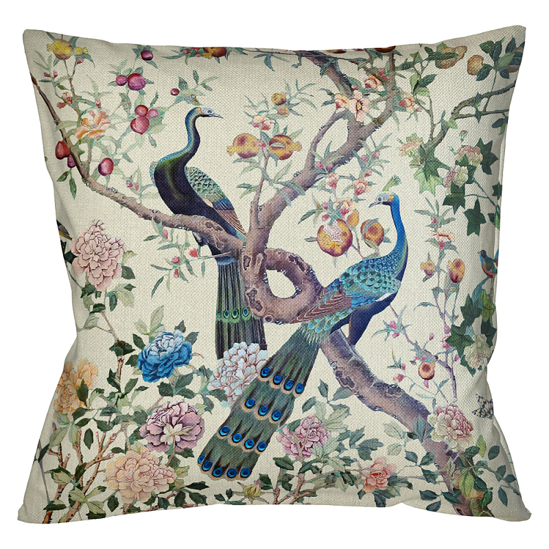 Подушка декоративная с изображением павлинов в саду Beige Chinoiserie Garden Two Peacocks Cushion Бежевый Мульти Подушка декоративная с изображением павлинов в саду Beige Chinoiserie Garden Two Peacocks Cushion Бежевый Мульти в Грозном | Loft Concept