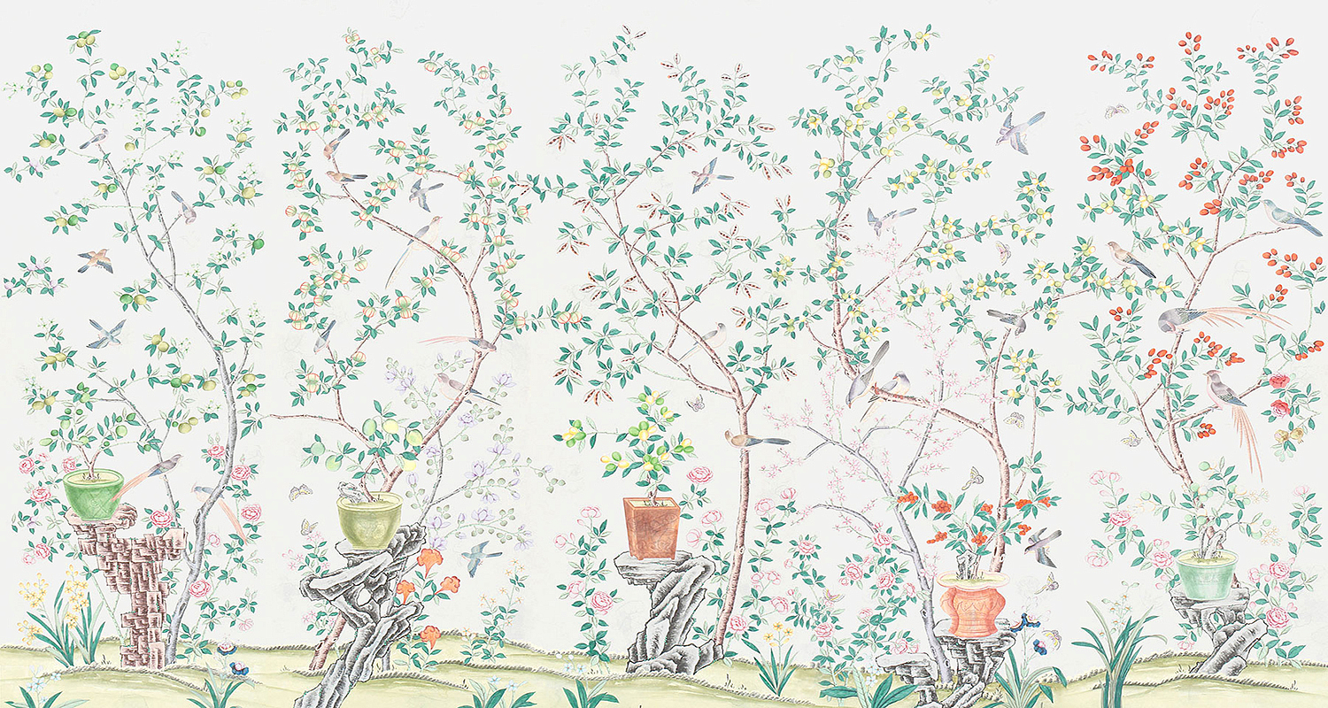 Обои ручная роспись Jardinieres & Citrus Trees Natural Mica Обои ручная роспись Jardinieres & Citrus Trees Natural Mica - Loft-Concept в Грозном