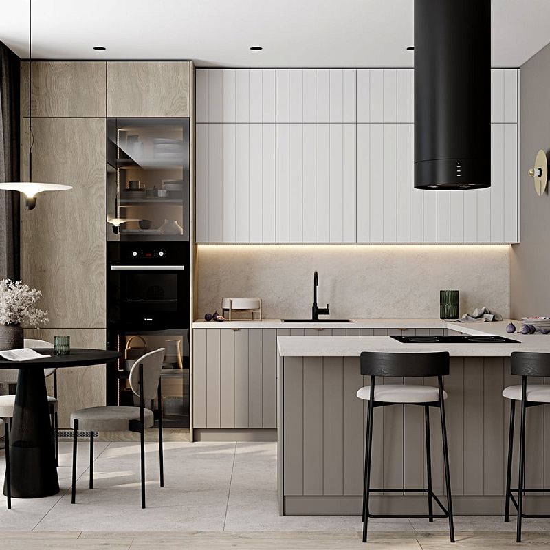 Кухонный гарнитур с фасадом в полоску Rainier Kitchen Set Серый Бежевый Белый Древесина Кухонный гарнитур с фасадом в полоску Rainier Kitchen Set Серый Бежевый Белый Древесина в Грозном | Loft Concept