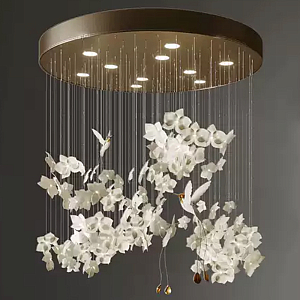 Люстра каскадная с белыми цветами и птицами Takeoff