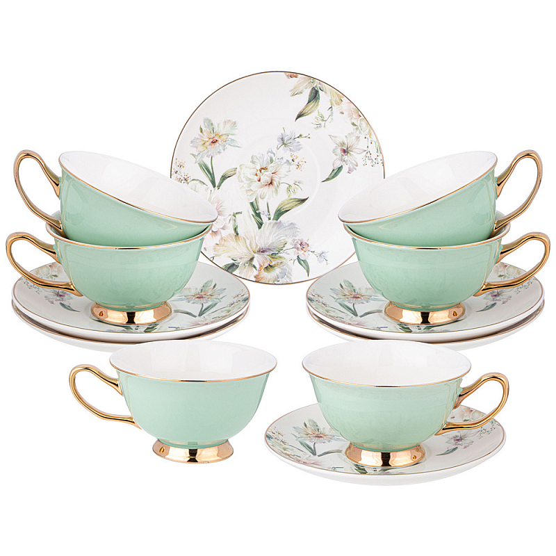 Чайный набор из фарфора на 6 персон Tea Porcelain Set Белый Золотой Зеленый Чайный набор из фарфора на 6 персон Tea Porcelain Set Белый Золотой Зеленый в Грозном | Loft Concept