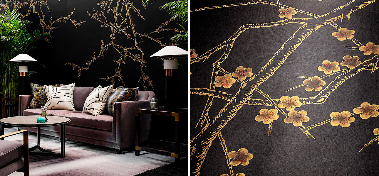 Обои ручная роспись Plum Blossom Colourway SC-226 on black painted silk Обои ручная роспись Plum Blossom Colourway SC-226 on black painted silk - Loft-Concept в Грозном