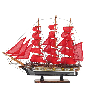 Декоративная модель деревянного парусника с красными парусами в подарочной упаковке With The low