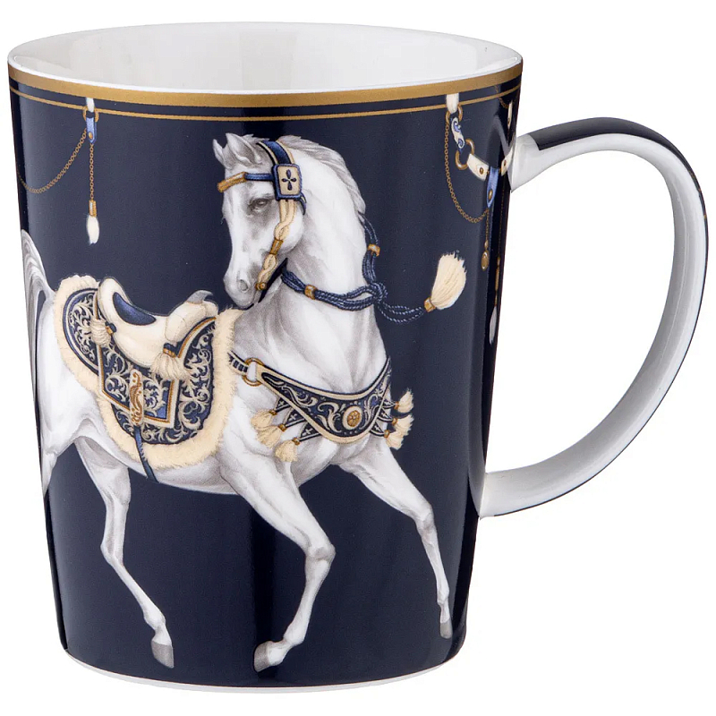 Кружка из фарфора синяя с изображением лошади 400 мл Porcelain Horse Set Белый Синий Золотой в Грозном | Loft Concept 