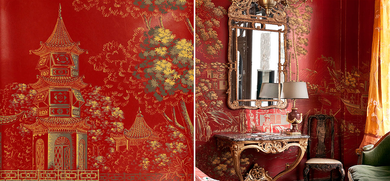Обои ручная роспись Procession Chinoise Gold Outline on Scarlet Lady dyed paper with lacquered finish Обои ручная роспись Procession Chinoise Gold Outline on Scarlet Lady dyed paper with lacquered finish - Loft-Concept в Грозном