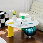 Дизайнерский журнальный стол с круглой белой столешницей на 3-х геометрических ножках Tajefox варинант исполнения - 2 | Loft Concept в Грозном