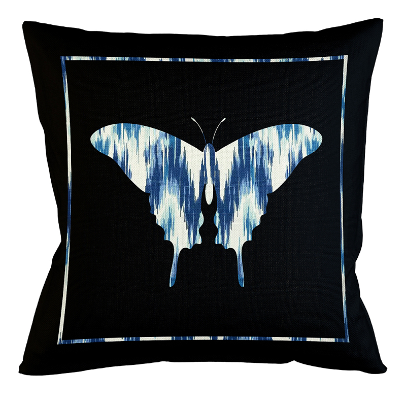 Подушка декоративная бабочка с синим узором Ikat Pattern Черный Белый Синий Бежевый Подушка декоративная бабочка с синим узором Ikat Pattern Черный Белый Синий Бежевый в Грозном | Loft Concept
