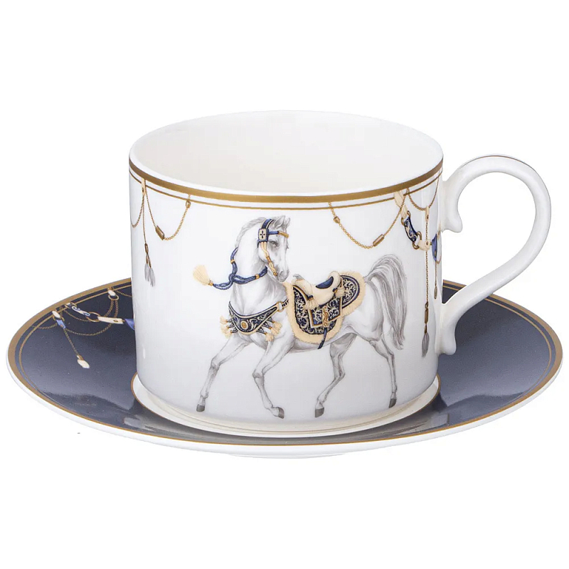 Чайная пара из фарфора с изображением лошади 300 мл Porcelain Horse Set 2 Белый Синий Золотой в Грозном | Loft Concept 