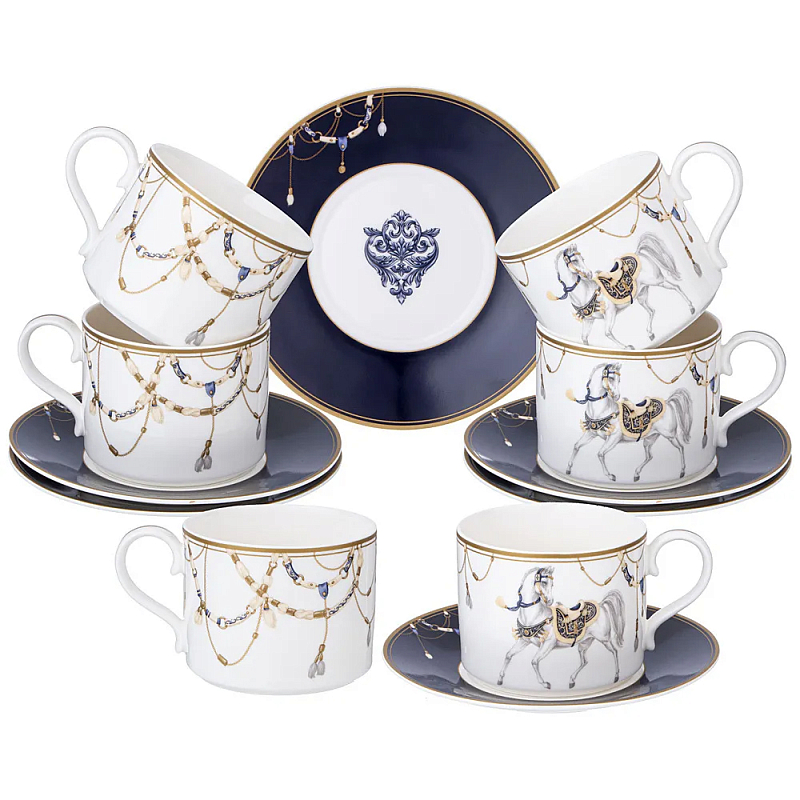 Чайный набор из фарфора с изображением лошадей на 6 персон 12 предметов Porcelain Horse Set Белый Синий Чайный набор из фарфора с изображением лошадей на 6 персон 12 предметов Porcelain Horse Set Белый Синий в Грозном | Loft Concept