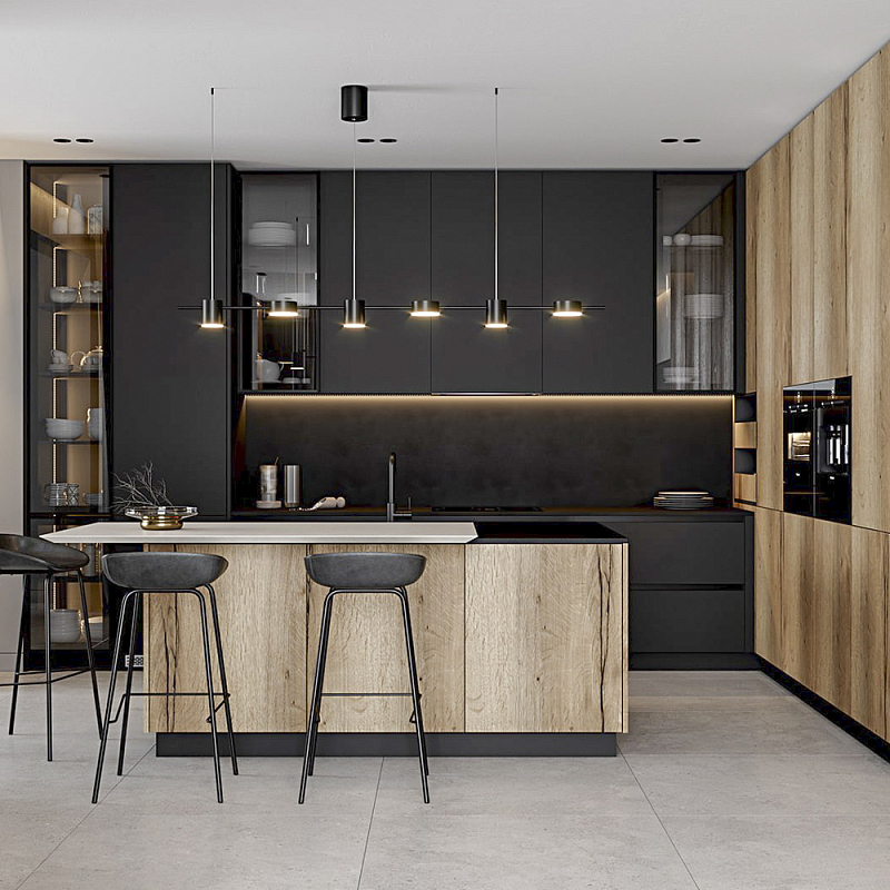 Черный матовый кухонный гарнитур с фасадом под дерево Axelle Kitchen Set Черный матовый Древесина Черный матовый кухонный гарнитур с фасадом под дерево Axelle Kitchen Set Черный матовый Древесина в Грозном | Loft Concept