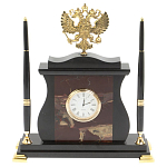 Часы настольные с Гербом России и 2-мя шариковыми ручками в комплекте Stone Clock варинант исполнения - 4 | Loft Concept в Грозном