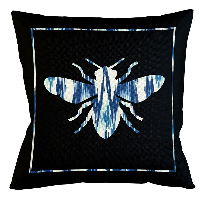 Подушка декоративная пчела с синим узором Ikat Pattern Черный Белый Синий Бежевый Подушка декоративная пчела с синим узором Ikat Pattern Черный Белый Синий Бежевый в Грозном | Loft Concept