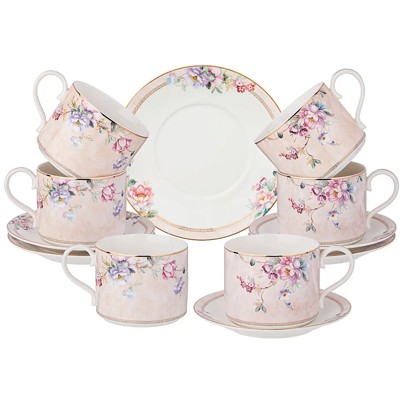 Чайный набор из фарфора с цветочным принтом на 6 персон 12 предметов Flower Porcelain Collection Розовый Мульти Чайный набор из фарфора с цветочным принтом на 6 персон 12 предметов Flower Porcelain Collection Розовый Мульти в Грозном | Loft Concept