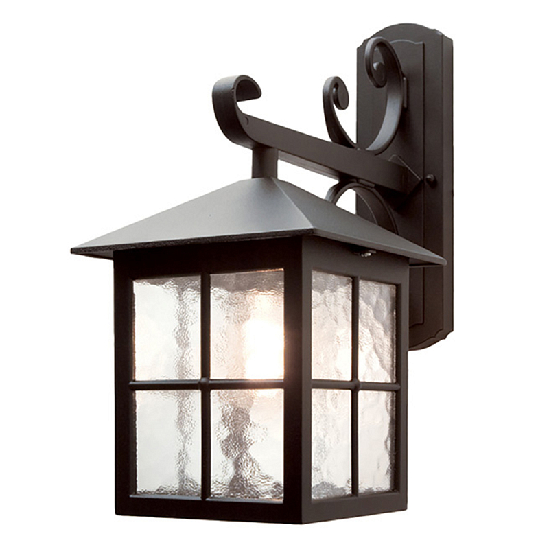 Настенный фонарь черного цвета в форме фонаря с решетчатым плафоном и фактурным стеклом Elstead Lighting Черный Прозрачное Стекло в Грозном | Loft Concept 