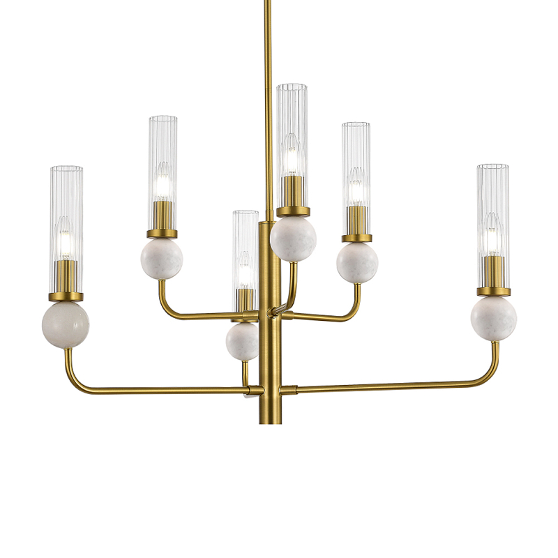 Люстра с 6-ю плафонами в форме стеклянных трубок и мраморных декоративных элементов Montreal Белый Латунь Прозрачный в Грозном | Loft Concept 