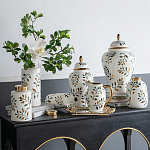 Ваза белая с крышкой с рисунком зеленых и золотых листьев 48 см Chinoiserie Ceramics варинант исполнения - 5 | Loft Concept в Грозном