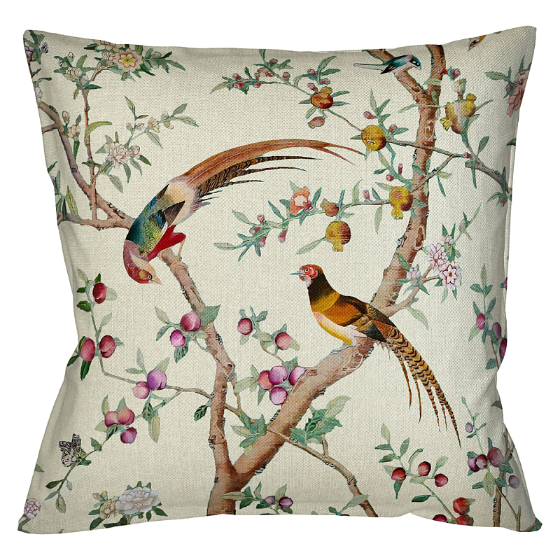 Подушка декоративная с изображением птиц в саду Beige Chinoiserie Birds in the Peach Orchard Cushion Мульти Бежевый Подушка декоративная с изображением птиц в саду Beige Chinoiserie Birds in the Peach Orchard Cushion Мульти Бежевый в Грозном | Loft Concept