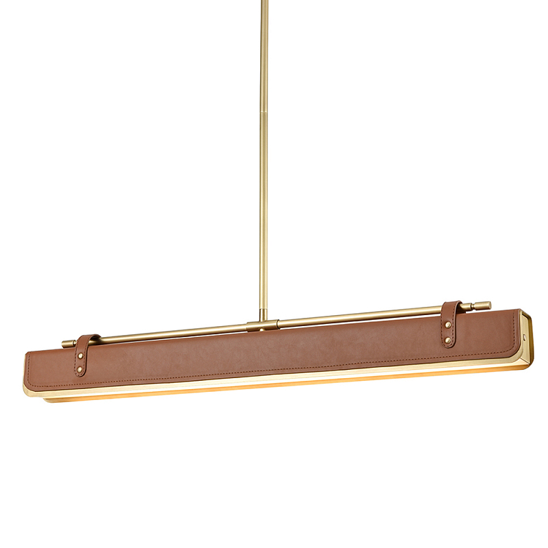 Подвесной светильник линейный латунного цвета в кожаном коричневом чехле и декоративными ремешками Alora Латунь Коричневый в Грозном | Loft Concept 