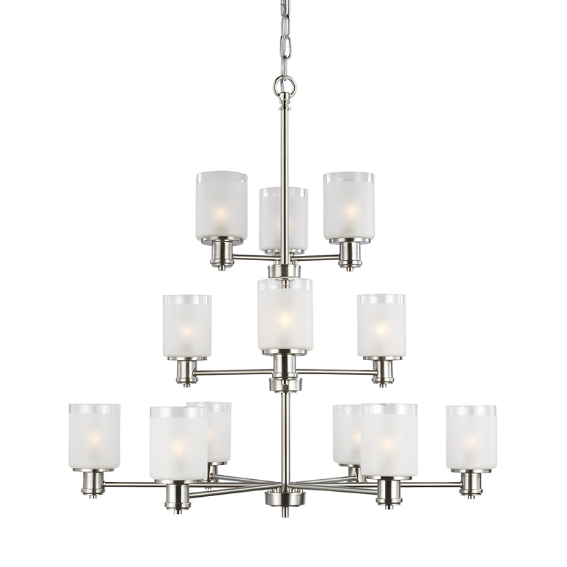 Люстра двухъярусная цвета никель с 12-ю матовыми цилиндрическими стеклянными плафонами Generation Lighting Никель Белый Бежевый в Грозном | Loft Concept 