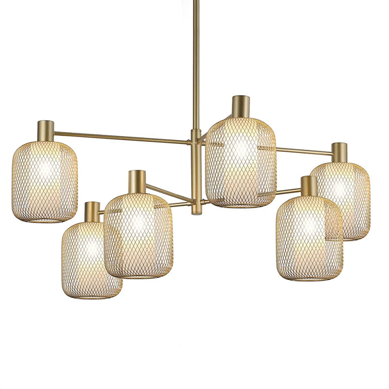 Люстра потолочная с абажурами из металлической сетки Loft Grid Pendant Gold Черный Золотой в Грозном | Loft Concept 