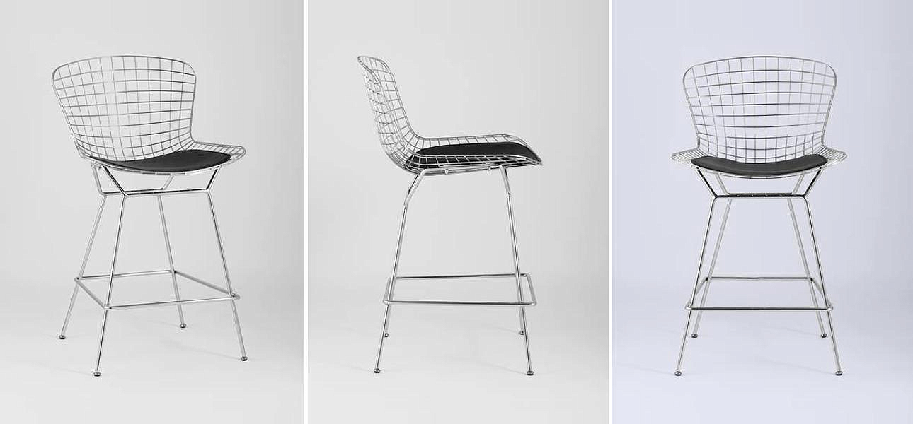 Полубарный стул Bertoia Barstool Хромированный с Черной подушкой Полубарный стул Bertoia Barstool Хромированный с Черной подушкой - Loft-Concept в Грозном