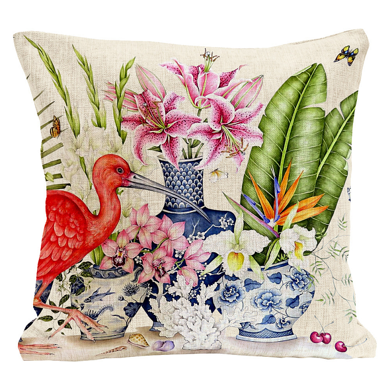 Декоративная подушка Flowers and Scarlet Ibis Pillow Мульти Бежевый Декоративная подушка Flowers and Scarlet Ibis Pillow Мульти Бежевый в Грозном | Loft Concept