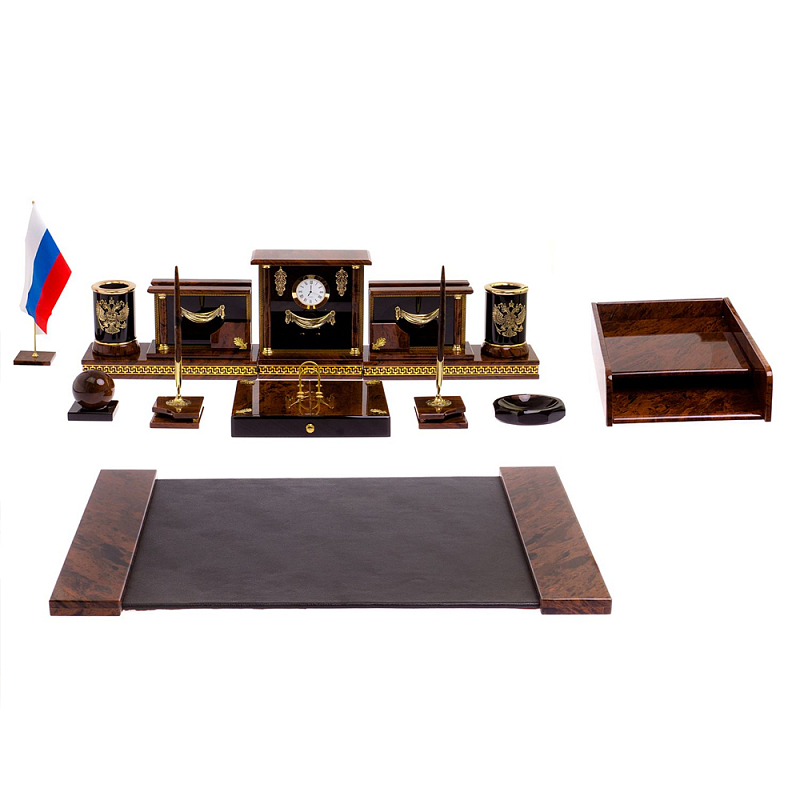 Настольный письменный набор с часами из природного камня обсидиана Royal Set Коричневый Бронза Настольный письменный набор с часами из природного камня обсидиана Royal Set Коричневый Бронза в Грозном | Loft Concept