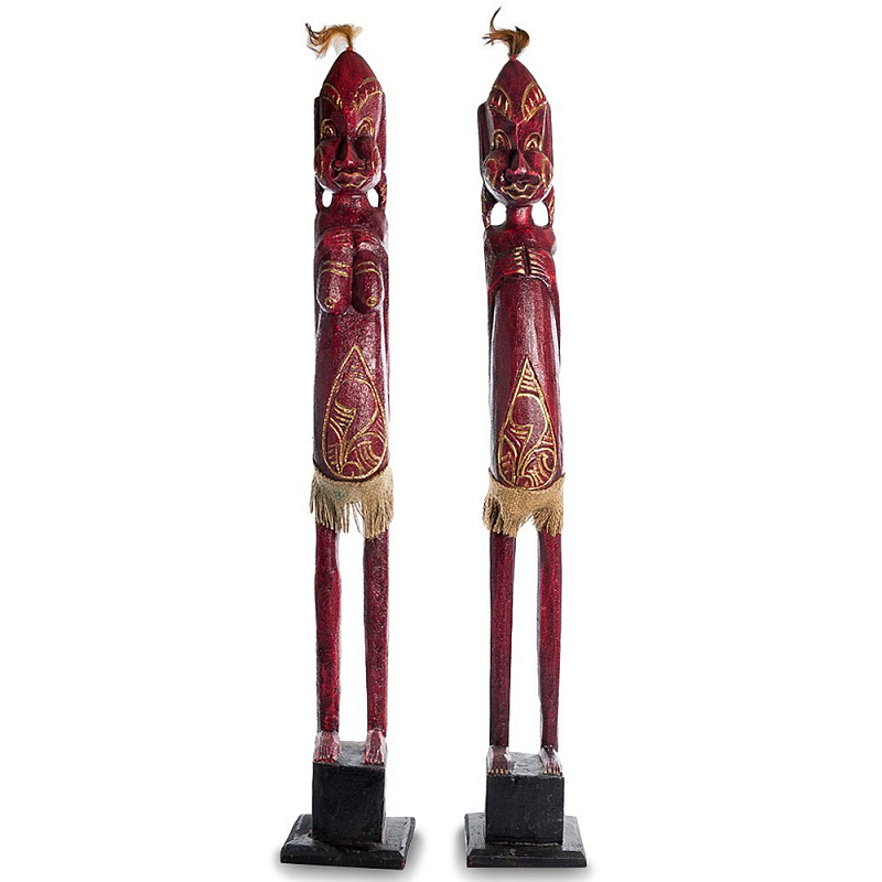 Комплект из 2-х деревянных статуэток Asmat Statuettes Red Красный Бежевый Золотой Черный Комплект из 2-х деревянных статуэток Asmat Statuettes Red Красный Бежевый Золотой Черный в Грозном | Loft Concept