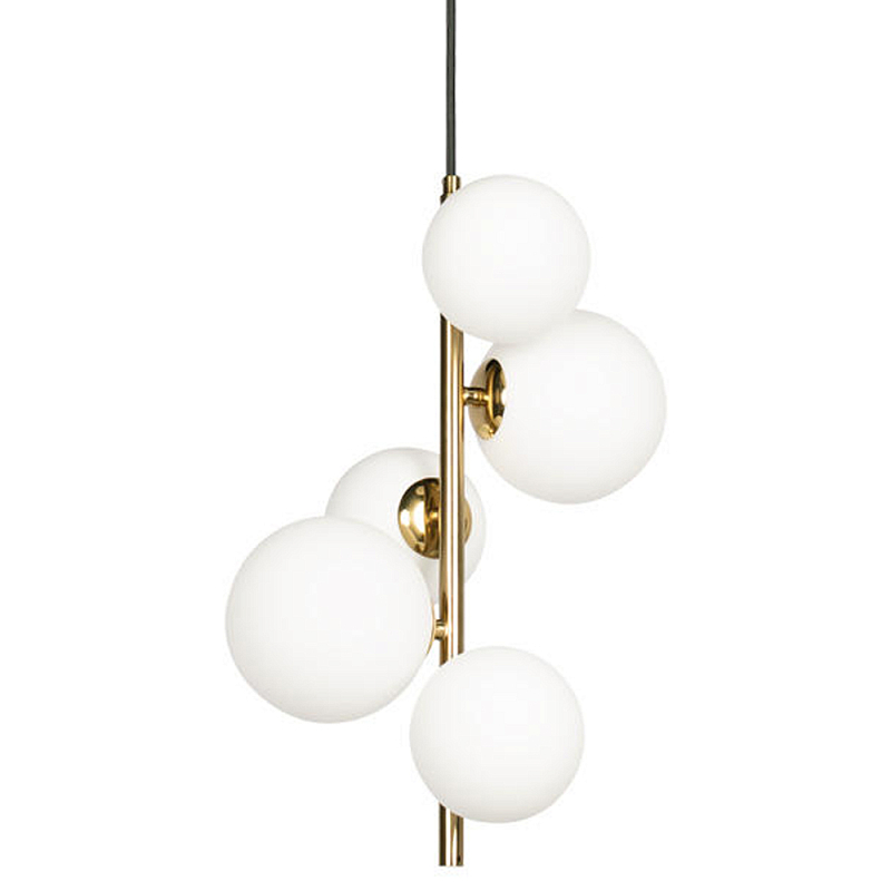 Подвесной светильник с 5-ю белыми шарообразными плафонами Bubble Chandelier Белый Золотой Подвесной светильник с 5-ю белыми шарообразными плафонами Bubble Chandelier Белый Золотой в Грозном | Loft Concept