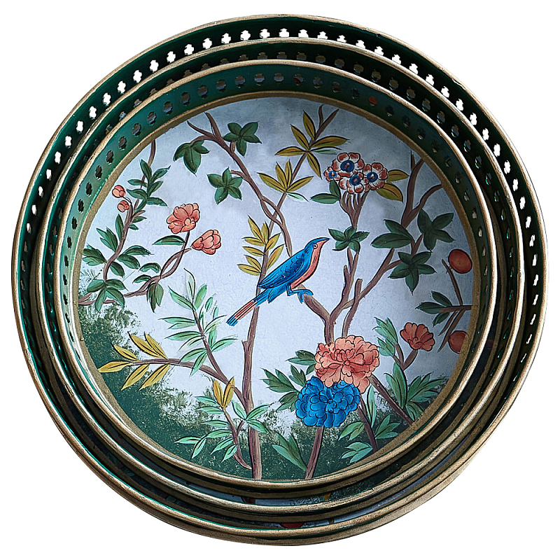 Комплект из 3-х подносов из металла в стиле Шинуазри Chinoiserie Flower Мульти Комплект из 3-х подносов из металла в стиле Шинуазри Chinoiserie Flower Мульти в Грозном | Loft Concept