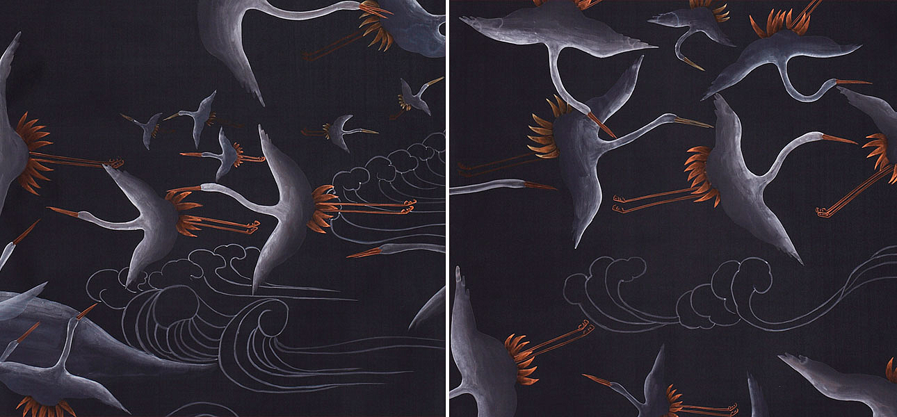 Обои ручная роспись Cranes Scroll Limewash on Pitch dyed silk Обои ручная роспись Cranes Scroll Limewash on Pitch dyed silk - Loft-Concept в Грозном
