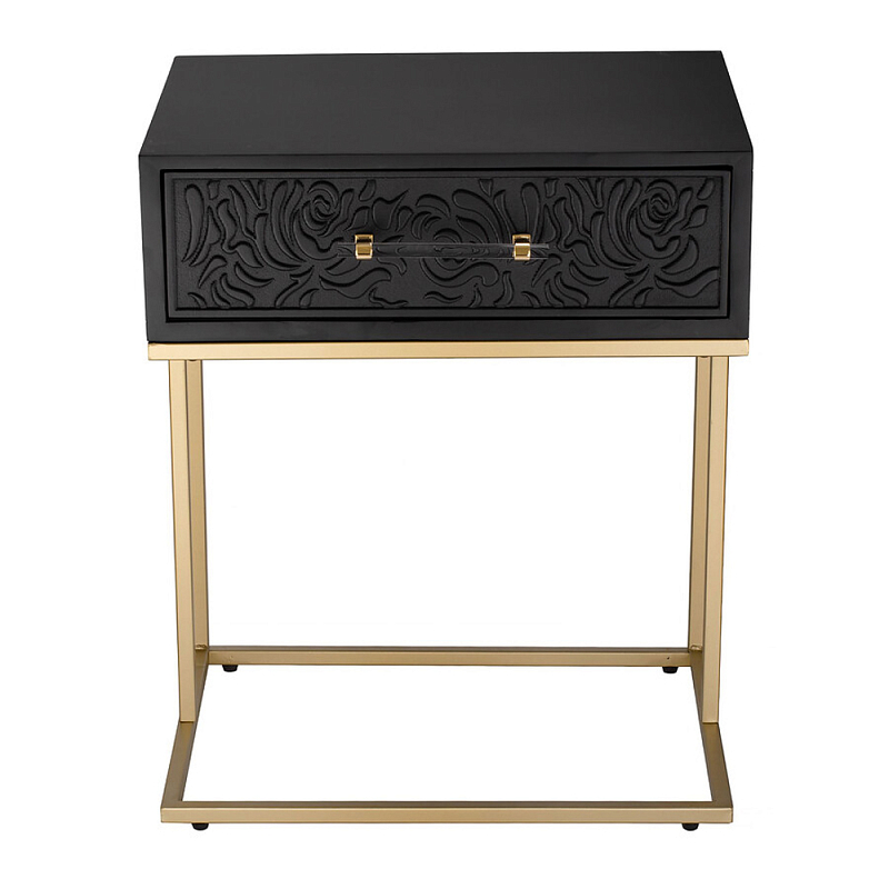 Приставной столик с резным узором на выдвижном ящике Black Table Carved Pattern Черный Золотой в Грозном | Loft Concept 
