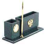 Настольный письменный набор с гербом России и часами из природного камня змеевик Successful Leader варинант исполнения - 2 | Loft Concept в Грозном