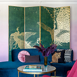 Обои ручная роспись в стиле Арт-деко Whistler Peacocks Original colourway on green painted silk варинант исполнения - 1 | Loft Concept в Грозном