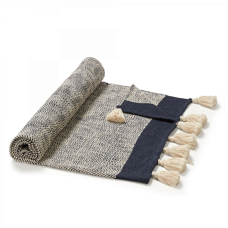 Плед Plaid Chevron Tassels Бежевый Синий Плед Plaid Chevron Tassels Бежевый Синий в Грозном | Loft Concept