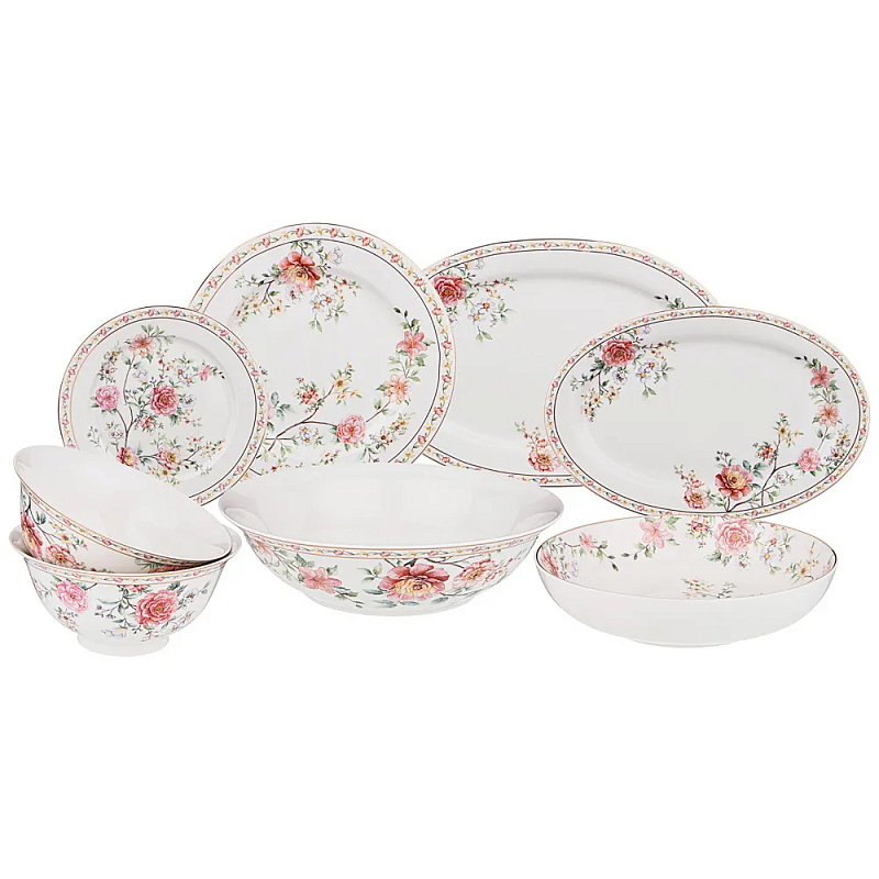Сервиз обеденный из фарфора 23 предмета Flower Porcelain Collection Белый Красный Зеленый Сервиз обеденный из фарфора 23 предмета Flower Porcelain Collection Белый Красный Зеленый в Грозном | Loft Concept