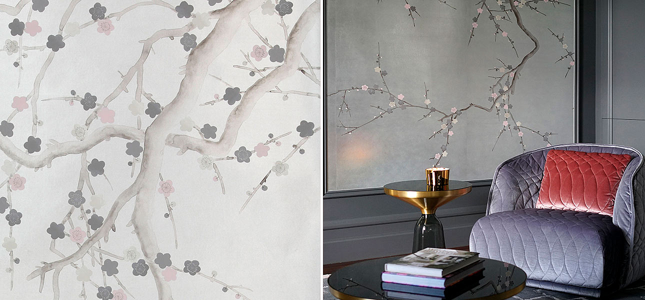 Обои ручная роспись Plum Blossom Colourway SC-233 on Sterling Silver gilded silk Обои ручная роспись Plum Blossom Colourway SC-233 on Sterling Silver gilded silk - Loft-Concept в Грозном