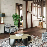 Дизайнерский журнальный стол округлой формы чёрный с золотой столешницей Fufem варинант исполнения - 3 | Loft Concept в Грозном