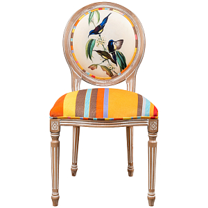 Стул бежевый в разноцветную полоску из натурального бука с изображением птиц и цветов Blooming Blue Birds Colorful Stripes Chair