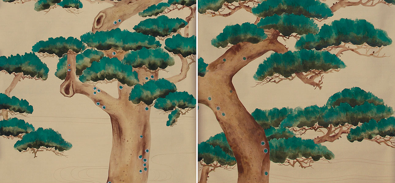 Обои ручная роспись Pine Trees Original colourway on New Faint Gold metallic silk Обои ручная роспись Pine Trees Original colourway on New Faint Gold metallic silk - Loft-Concept в Грозном