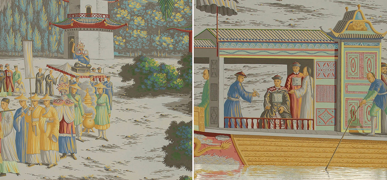 Обои ручная роспись Procession Chinoise Special Colourway on White Metal gilded paper Обои ручная роспись Procession Chinoise Special Colourway on White Metal gilded paper - Loft-Concept в Грозном