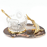 Икорница с ложкой с декором "Кадушка" с гравировкой на подставке из натурального камня Агат Decorative Cavair Dishes варинант исполнения - 1 | Loft Concept в Грозном