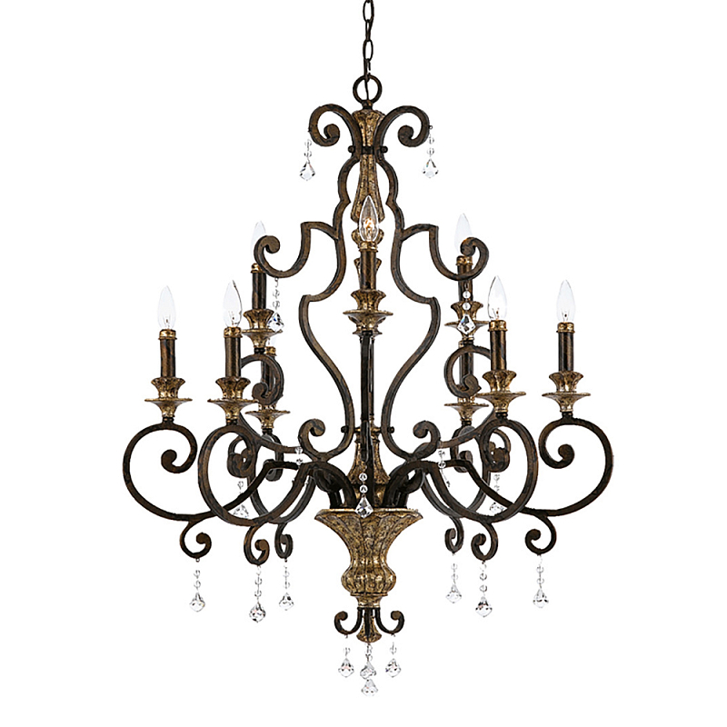 Люстра с подвесками из прозрачного стекла на кованом каркасе бронзового цвета в классическом стиле Quoizel Бронза Прозрачное Стекло Золотой в Грозном | Loft Concept 